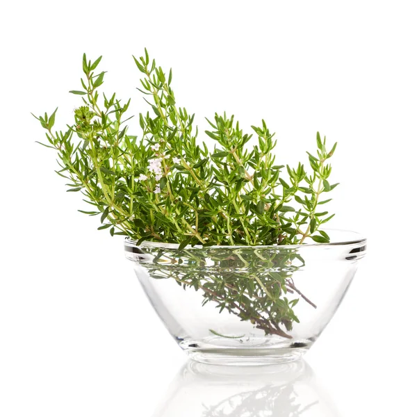 Thyme in the glass bowl, on a white background — Stock Photo, Image
