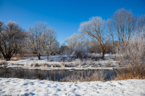 зимний пейзаж заснеженных деревьев и реки в зимний сезон
