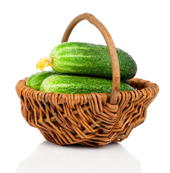 Fresh small cucumbers in a wicker basket, on a white background — Stock Photo, Image