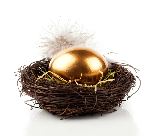 Uovo d'oro in nido su sfondo bianco — Foto Stock