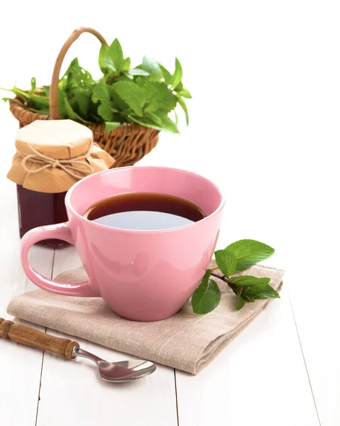 Herbal Tea Mint White Wooden Background — Stock Photo, Image