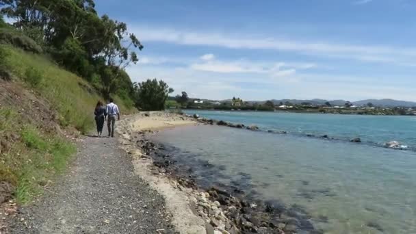 Pareja Caminando Por Playa Karitane Dunedin Nueva Zelanda — Vídeos de Stock