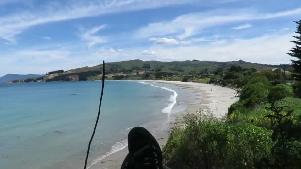 Veduta Dei Piedi Delle Gambe Fronte Alla Spiaggia Karitane Dunedin — Video Stock