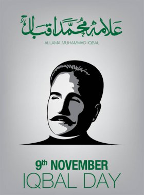 Allama Muhammad Iqbal 9 Kasım (Pakistan Ulusal Şairi) Urduca ve İngilizce hat vektörü ile doğum günü kutlaması