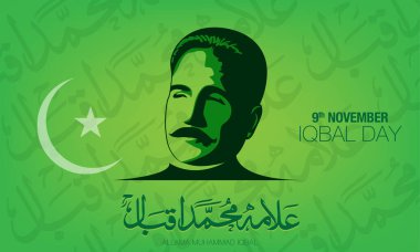 Allama Muhammad Iqbal 9 Kasım (Pakistan Ulusal Şairi) Urduca ve İngilizce hat vektörü ile doğum günü kutlaması