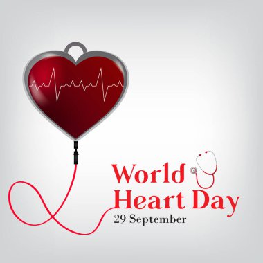 29 Eylül Dünya Kalp Günü için vektör illüstrasyonu, kalp görüntüsü, ve arkaplanda kusursuz kardiyogram ve kalp atışı