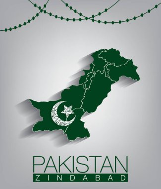 Pakistan haritasında ay ve yıldız yeşil zemin üzerinde Pakistan Zindaband, Pakistan bayrağı ve vektör tasarımı ile soyut