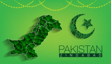 Pakistan map with moon and star on green background with the text of Pakistan Zindaband, Pakistani Flag with abstracts in vector design clipart