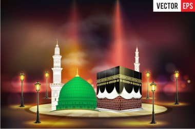 Kabe, Mekke ve Madina Pak İslami Mescid-i Haram ile gri arka planda Mescid-i Aksa.