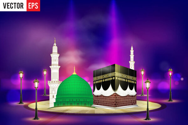 Kaaba, Mekkah and Madina Pak Islamic sacred Masjid-Al-Haram with Masjid-e-Aqsa in grey background