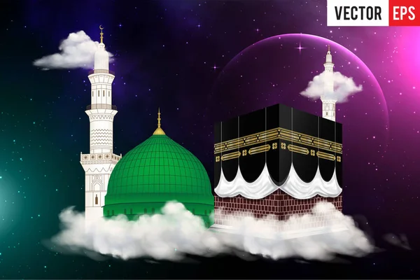 Kabe, Mekke ve Madina Pak İslami Mescid-i Haram ile gri arka planda Mescid-i Aksa.