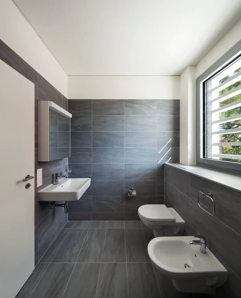 Interior of a modern house, gray bathroom