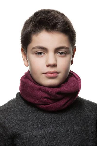 Retrato de menino com suéter e cachecol — Fotografia de Stock