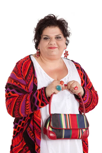 Retrato de mujer alegre con su bolso — Foto de Stock