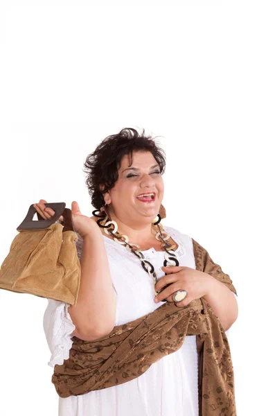 Retrato de mulher alegre com sua bolsa — Fotografia de Stock