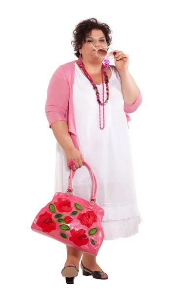 Portret van vrolijke vrouw met haar tas — Stockfoto