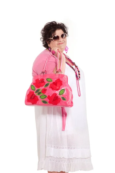 Retrato de mulher alegre com sua bolsa — Fotografia de Stock