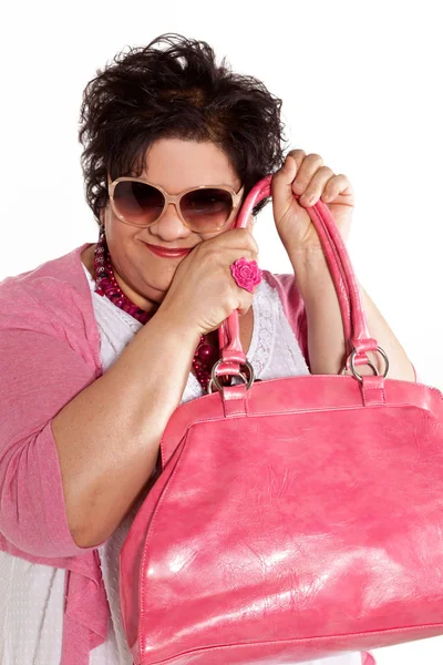 Ritratto di donna allegra con la sua borsa — Foto Stock