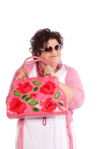 Retrato de mujer alegre con su bolso —  Fotos de Stock