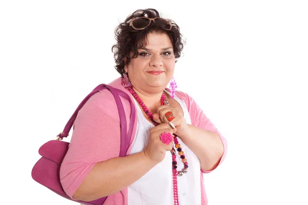 Retrato de mujer alegre con su bolso —  Fotos de Stock