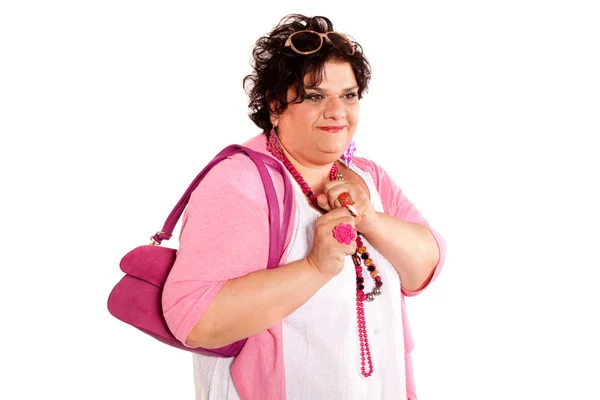 Ritratto di donna allegra con la sua borsa — Foto Stock