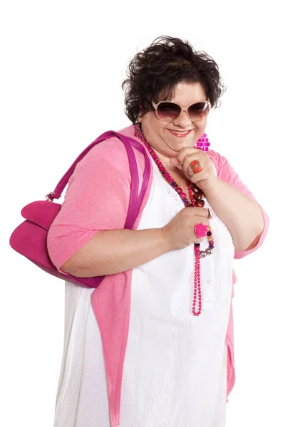 Portrait of cheerful woman with her bag — Stock Photo, Image