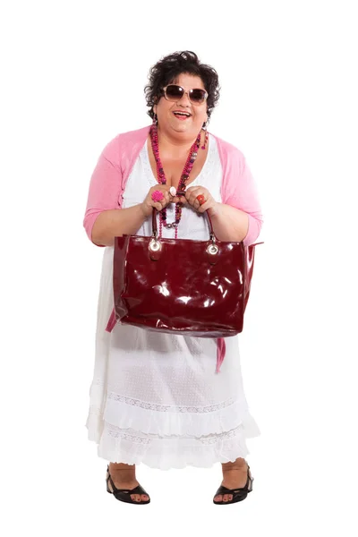 Portrait of cheerful woman with her bag — Stock Photo, Image