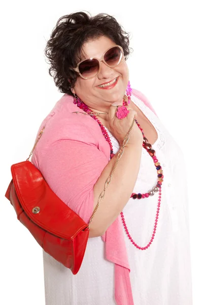 Retrato de mujer alegre con su bolso — Foto de Stock