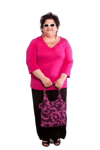 Portrait of cheerful woman with her bag — Stock Photo, Image