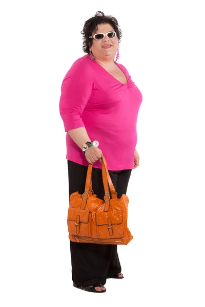 Retrato de mulher alegre com sua bolsa — Fotografia de Stock