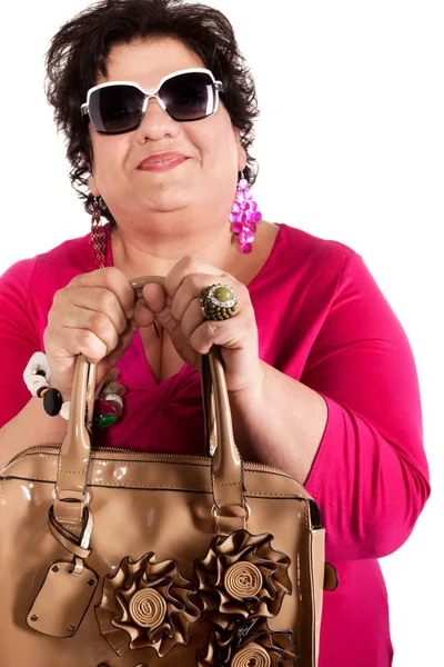 Porträtt av glad kvinna med hennes väska — Stockfoto