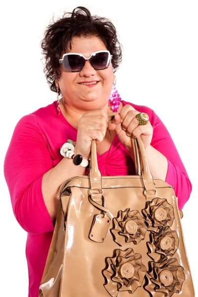 Porträtt av glad kvinna med hennes väska — Stockfoto