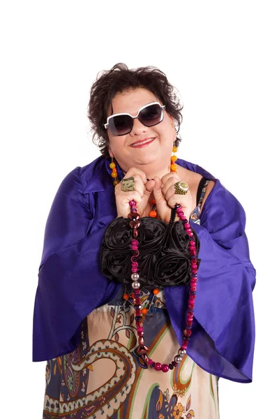 Retrato de mujer alegre con su bolso — Foto de Stock