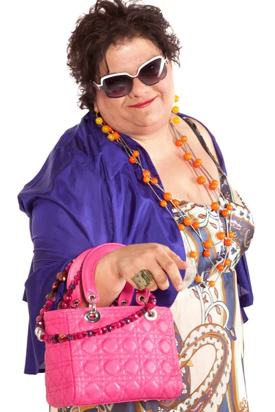 Portrait of cheerful woman with her bag — Stock Photo, Image