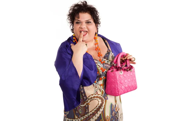 Portrait of cheerful woman with her bag — Stock Photo, Image
