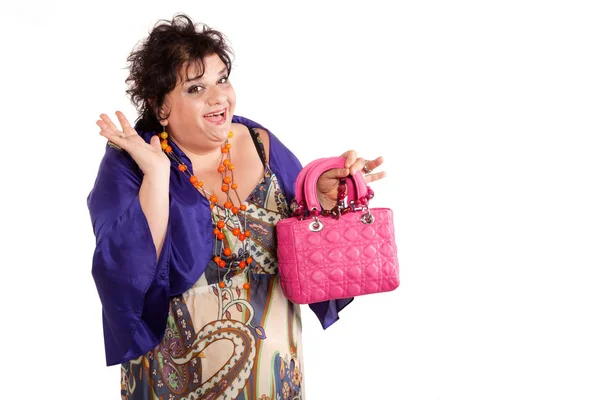 彼女のバッグと陽気な女性のポートレート — ストック写真