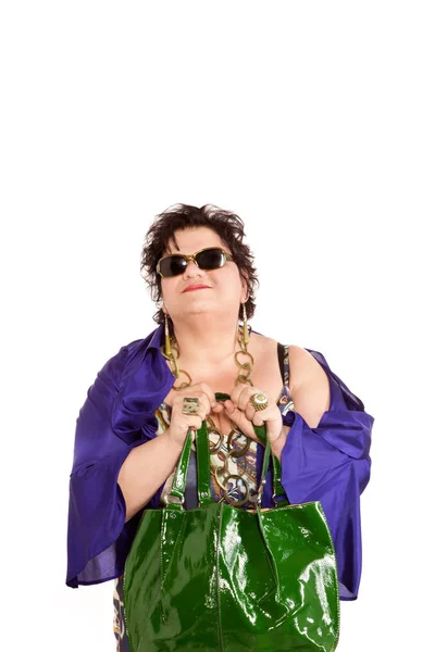 Retrato de mulher alegre com sua bolsa — Fotografia de Stock