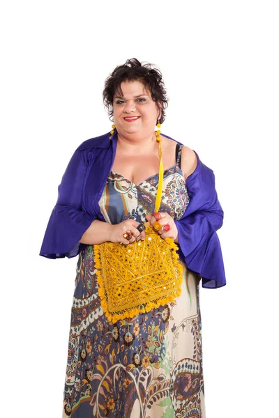 Ritratto di donna allegra con la sua borsa — Foto Stock