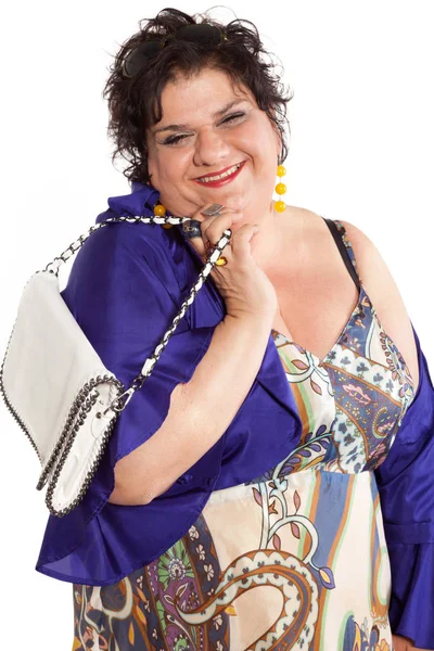 Portrait of cheerful woman with her bag — Stock Photo, Image