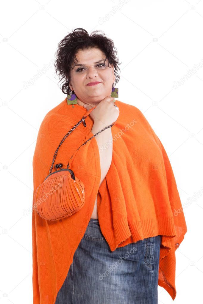 portrait of cheerful woman with her bag