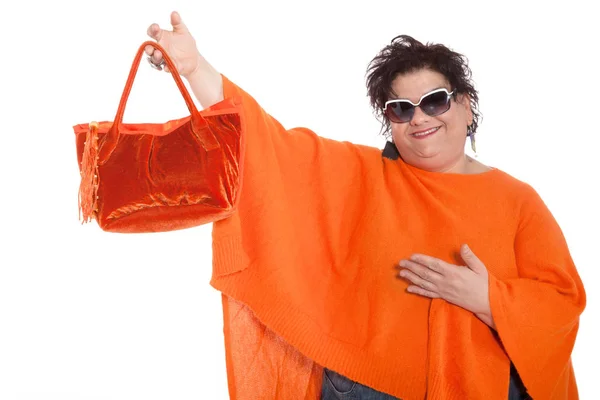 Portrait of cheerful woman with her bag — Stock Photo, Image