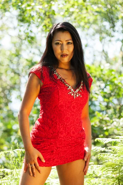 Sexy mujer asiática con vestido rojo —  Fotos de Stock