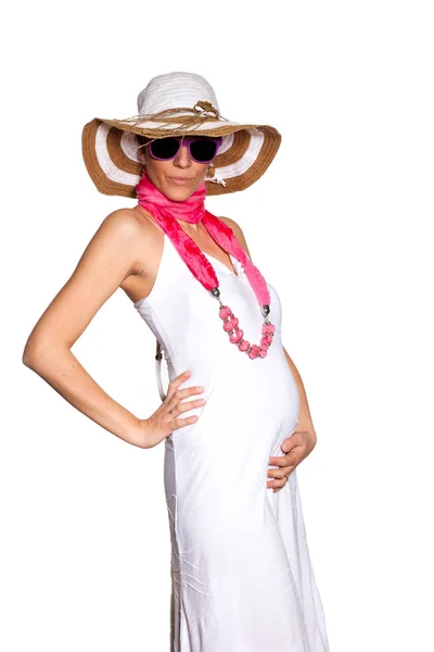 Ritratto di donna incinta su sfondo bianco — Foto Stock