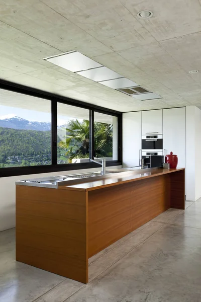 Beautiful Modern House Cement Interior Wooden Kitchen Island — Stock Photo, Image