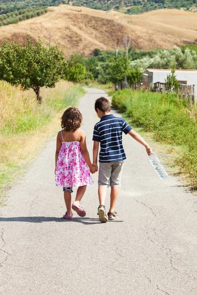 Two children walking outdoor in the nature on the road — Stock Photo, Image