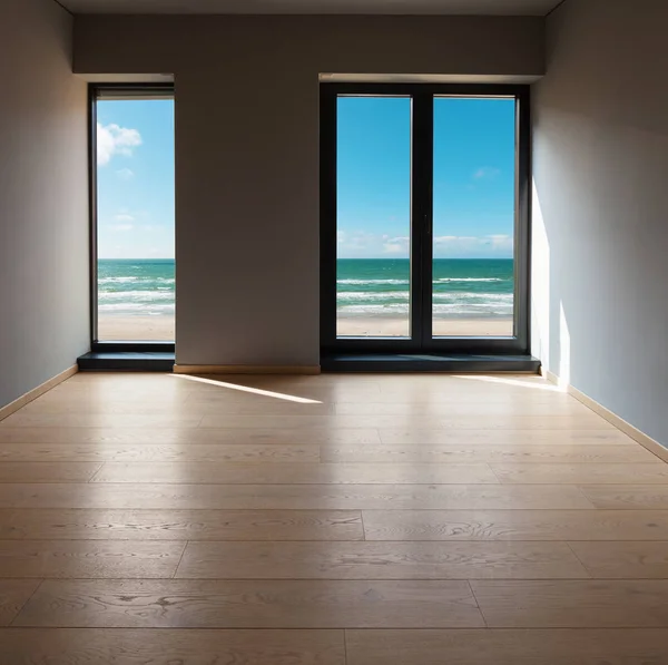 Intérieurs d'un appartement moderne, chambre avec vue mer — Photo