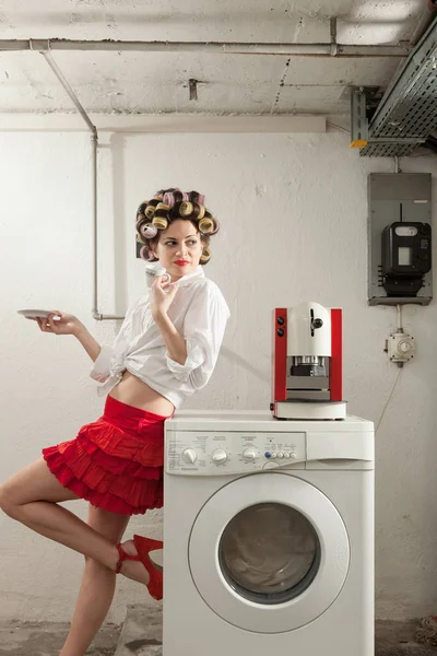 Portrait of pretty woman in laundry — Stock Photo, Image