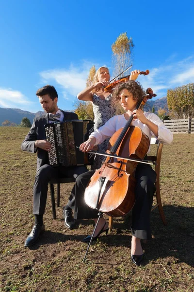 Tres jóvenes músicos, al aire libre — Foto de Stock
