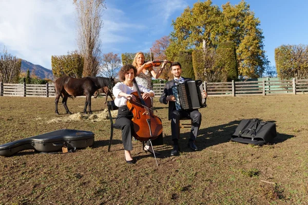 Tres jóvenes músicos, al aire libre — Foto de Stock