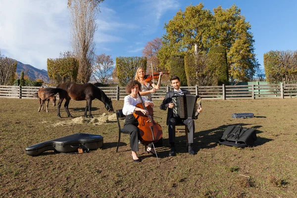 Tres jóvenes músicos, al aire libre — Foto de Stock